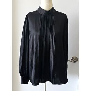 Massimo Dutti Women Blouse Size 4 Black Mock Neck Pleated Front Long Sleeve